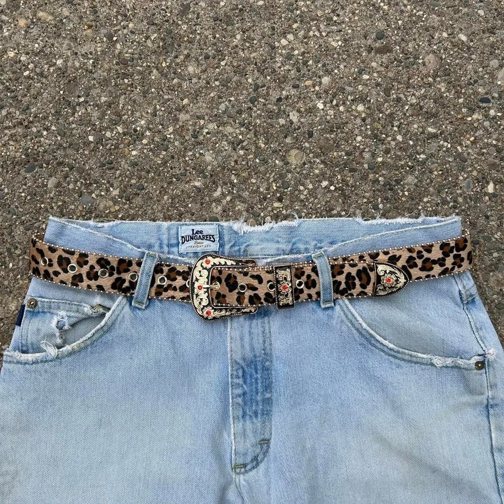 Vintage style cheetah leopard print fur belt western tan and brown bedazzled